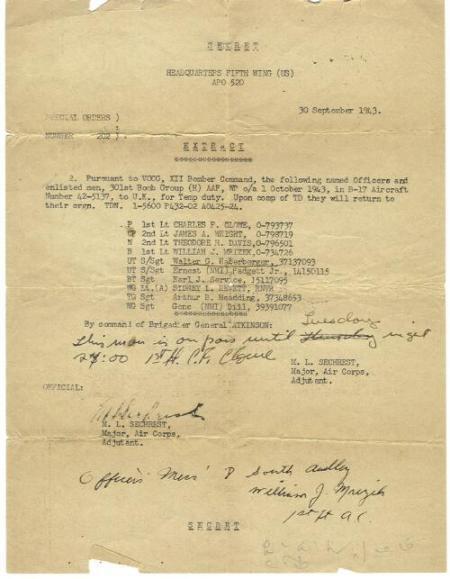 <p><b>Special Orders</b> for the special ferrying mission to take an important British commander from Tunisia to London, UK.  Of particular interest are the signatures of then Lt. Clowe and Lt. Mrizek on the orders.</p>
