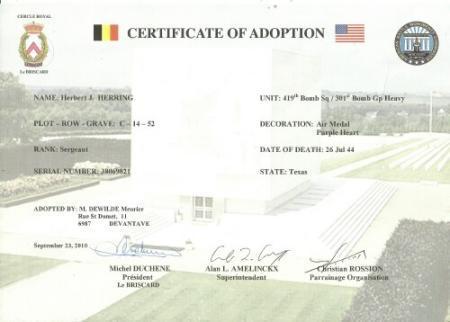 Sgt. Herbert Henning's grave has been adopted by Maurice Dewilde and is tended by him and his wife.